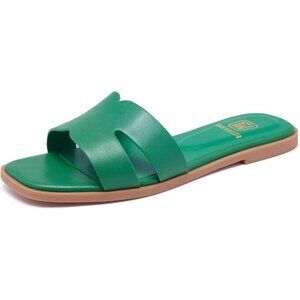 Women's Green Square Open Toe Slip On Beach Summer Flat Slide Sandals